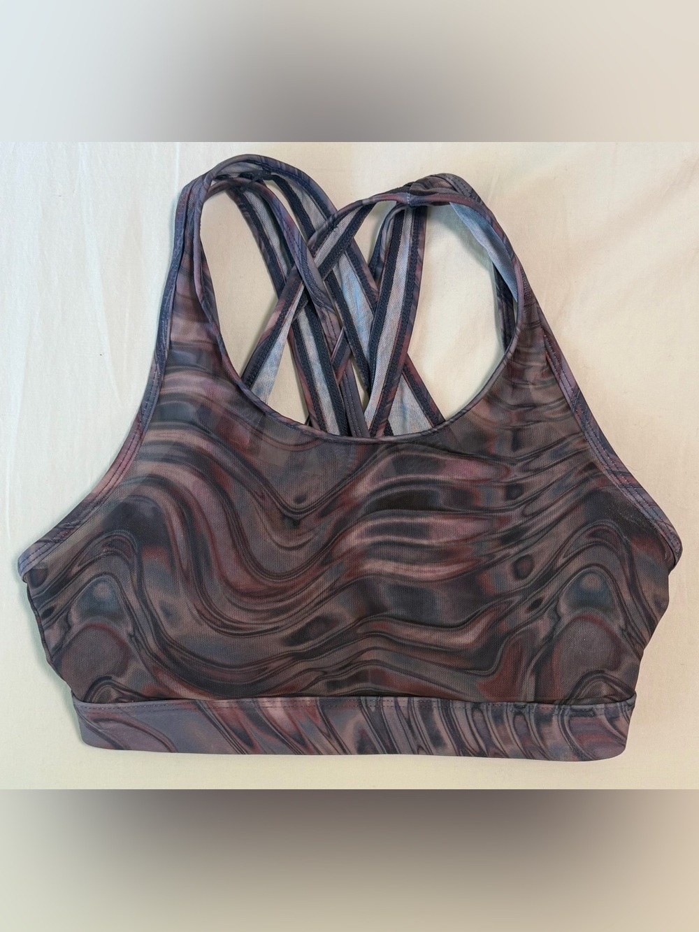 Fabletics Marble Swirl Strappy Sports Bra Brown Black Criss Cross Back XS